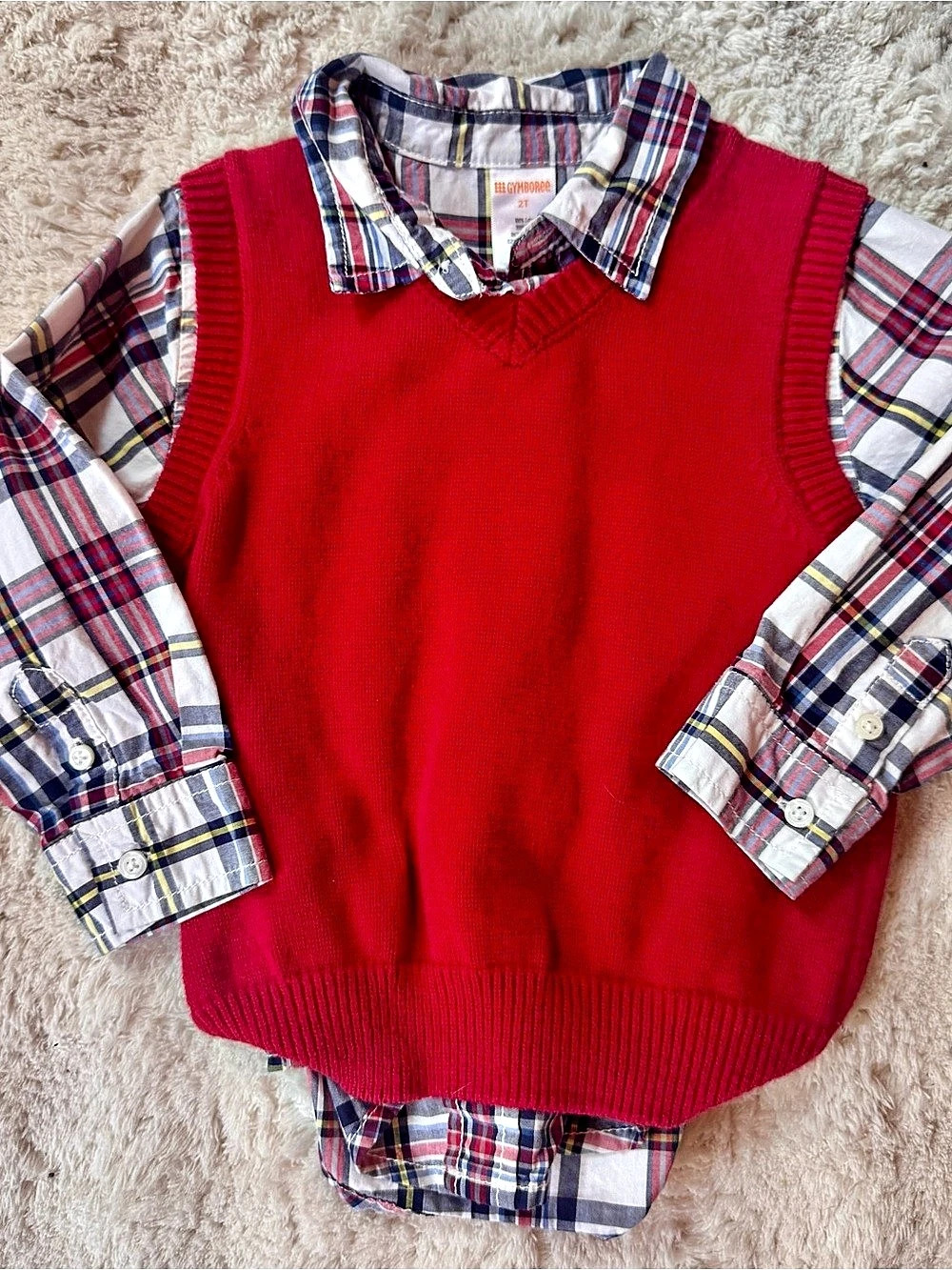 Gymboree Boys 2T Plaid Shirt & Sweater Vest Red & Blue Like New